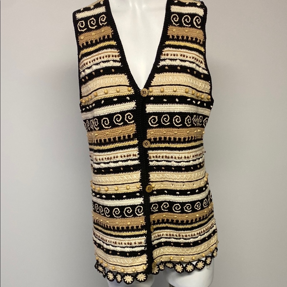 EAGLE EYE Vintage Bohemian Crochet Vest - Black, Cream, Brown